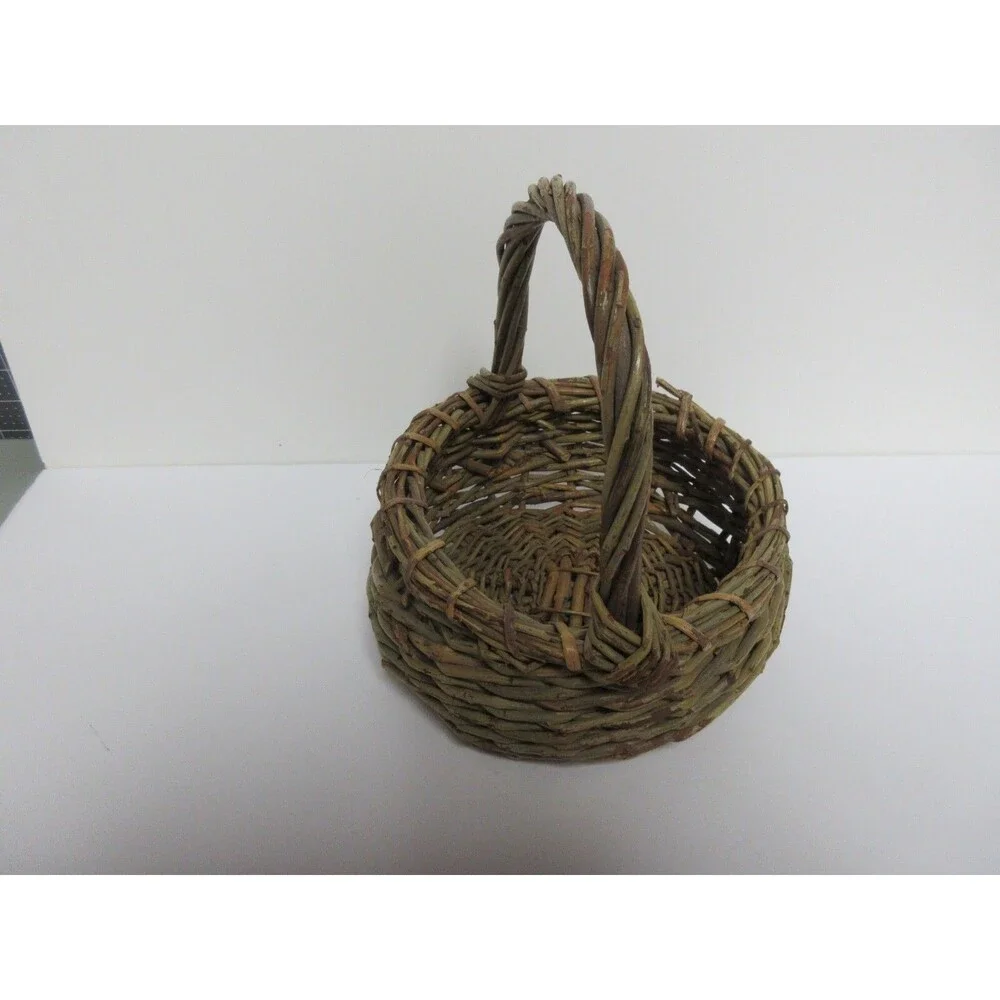 Vintage Wicker Wooden Stick Handled Basket Brown 8